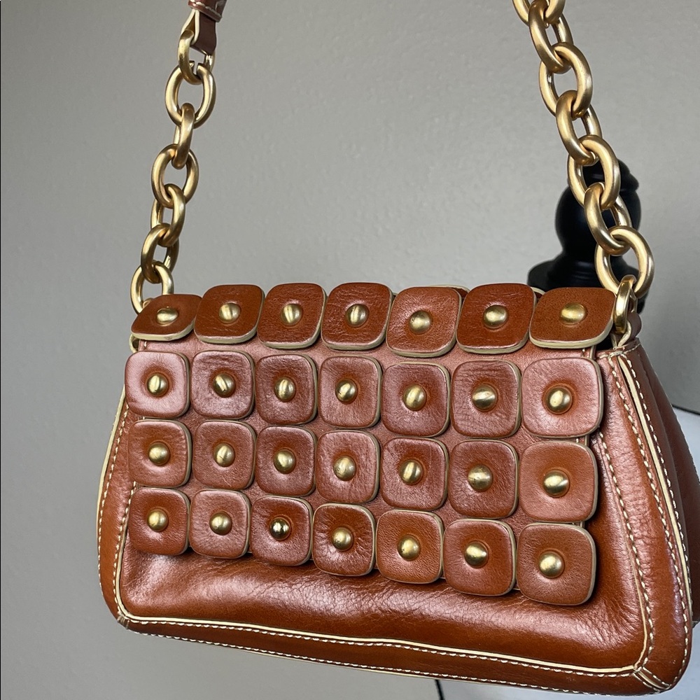 Maxx New York Leather cognac brown Gold chain  Studded Shoulder Bag - Picture 6 of 17